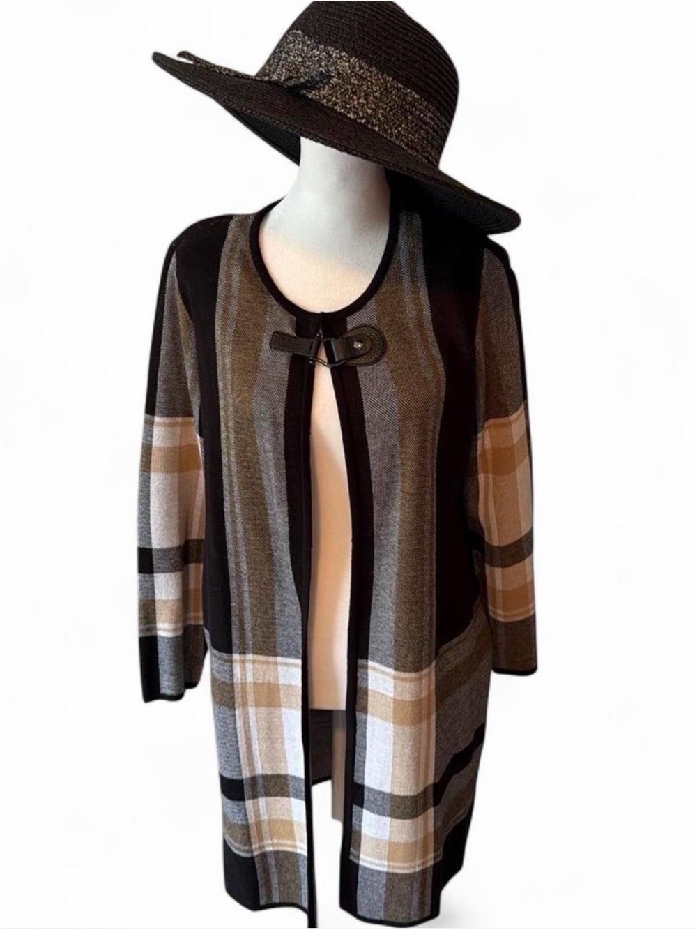 Women’s cardigan by KASPER. Plaid earth tones, cotton blend, size Large Petite.